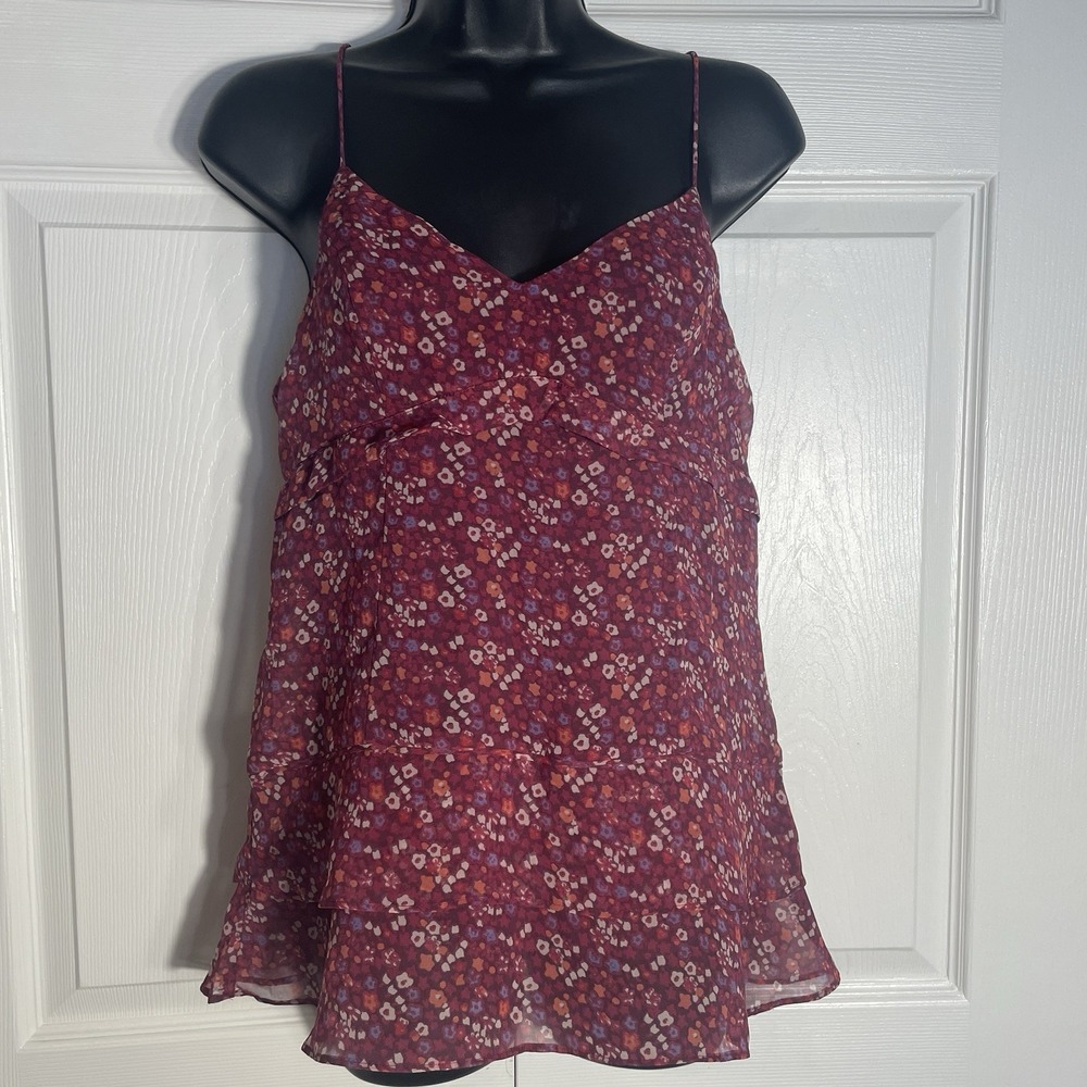 American Eagle Babydoll Shirt Women M Burgundy Floral Spaghetti Straps Smocked